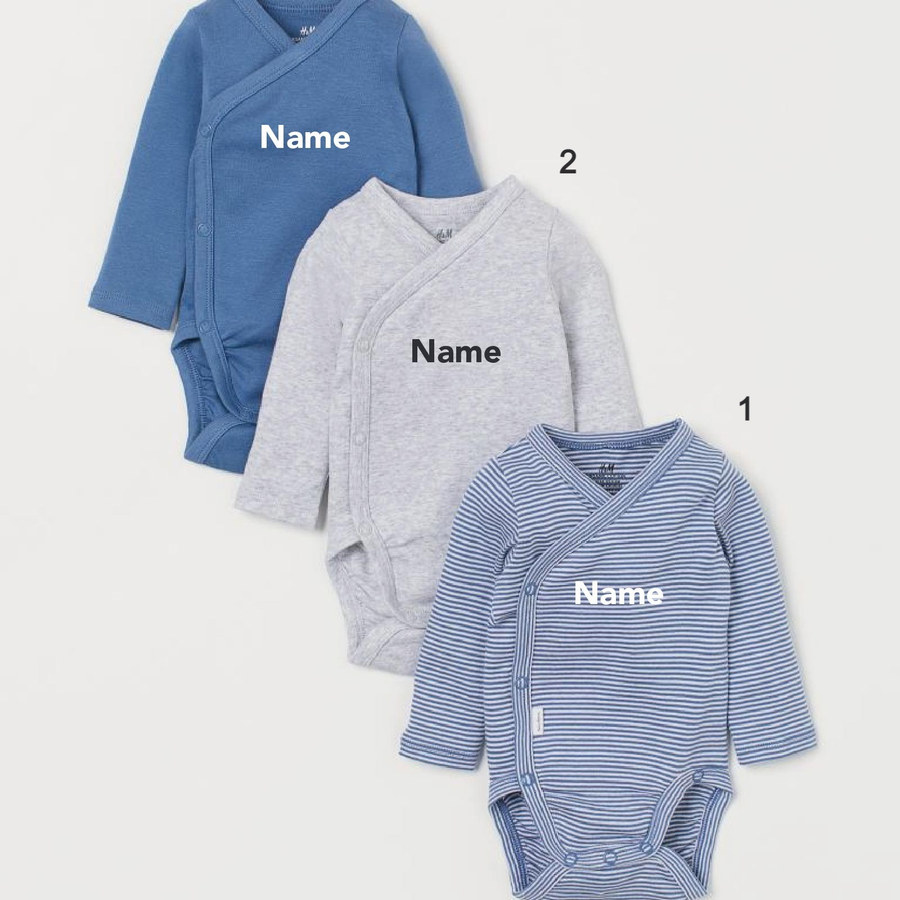 Custom Name on H&amp;M 3-pack long-sleeved bodysuits (0-9mths) - Blue White/Striped