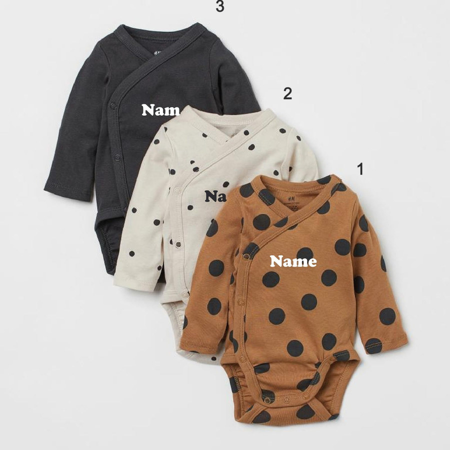 Custom Name on H&amp;M 3-pack long-sleeved bodysuits (0-9mths) - Dark Grey/Spotted