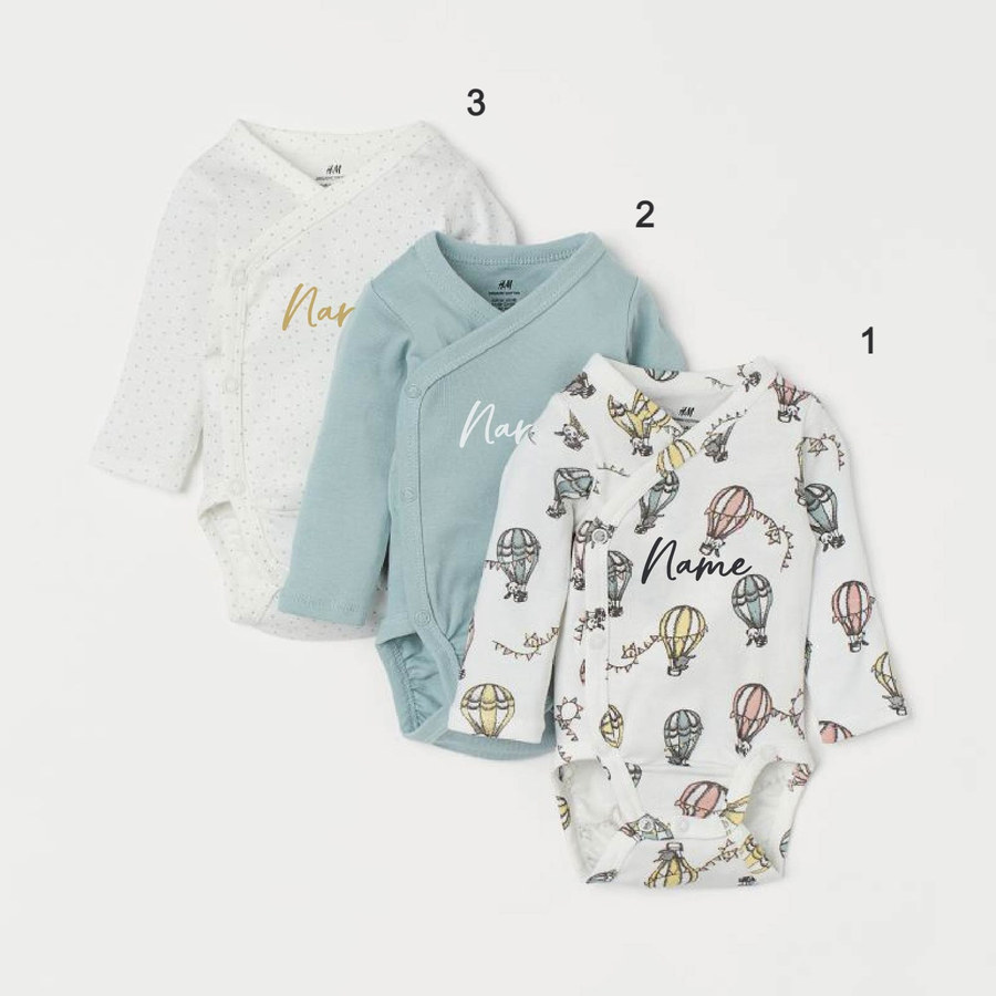 Custom Name on H&amp;M 3-pack long-sleeved bodysuits (0-9mths) - Hot Air Balloons