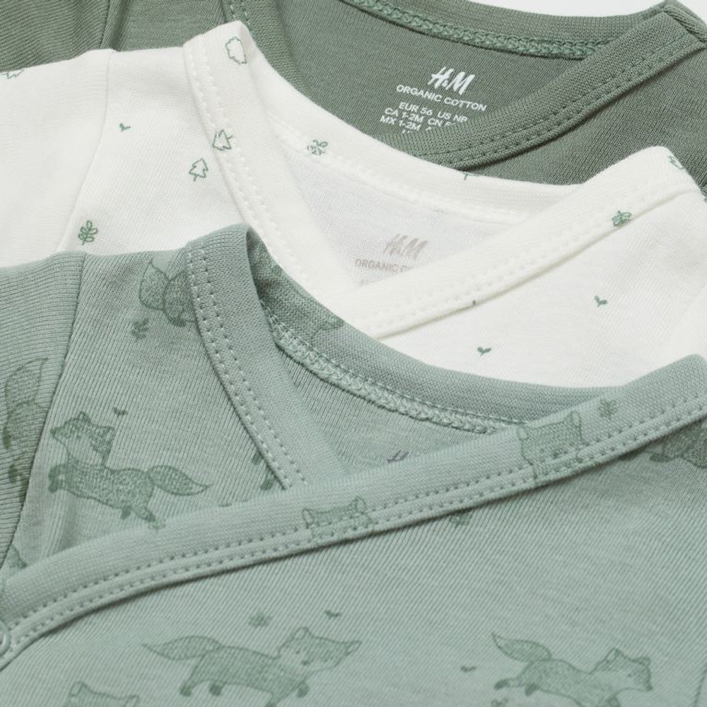 Custom Name on H&amp;M 3-pack long-sleeved bodysuits (0-9mths) - Light Green/Foxes, view 4