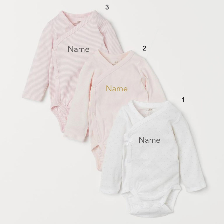 Custom Name on H&amp;M 3-pack long-sleeved bodysuits (0-9mths) - Light Pink/Spotted