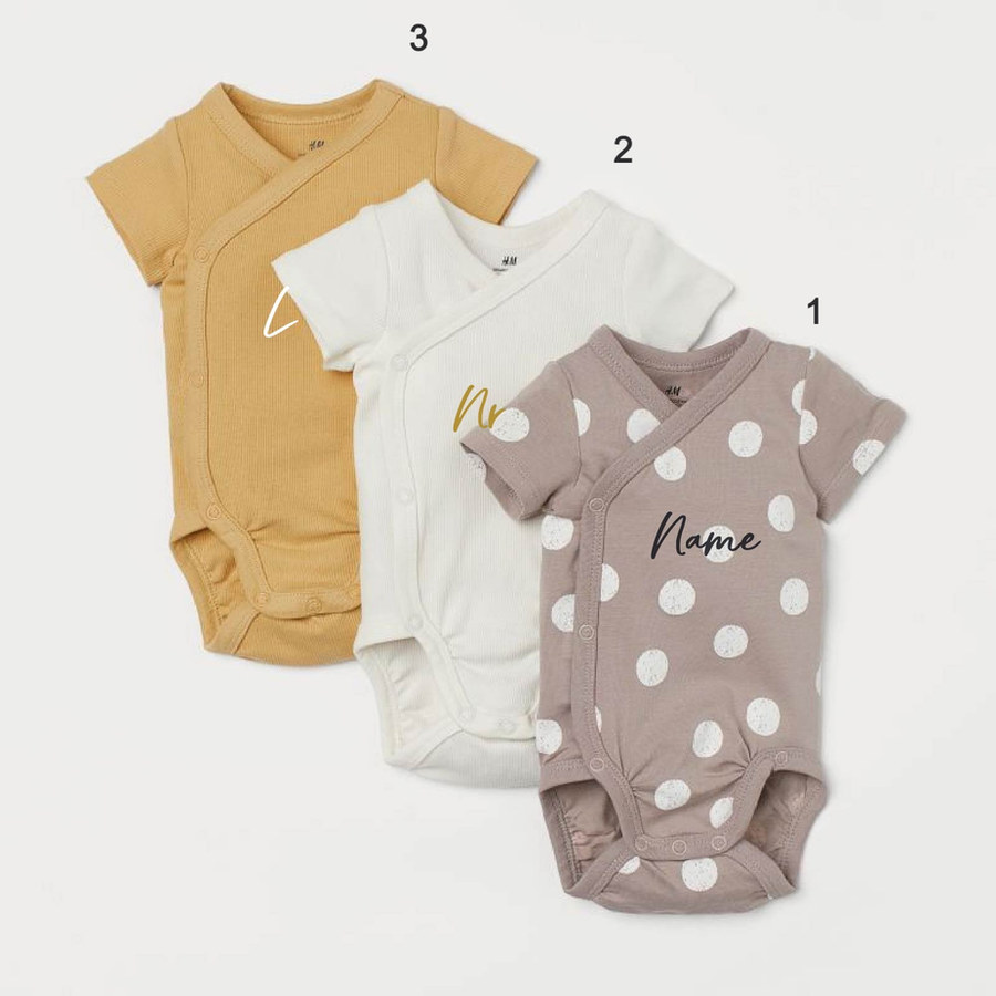 Custom Name on H&amp;M 3-pack wrapover bodysuits -Greige/Spotted