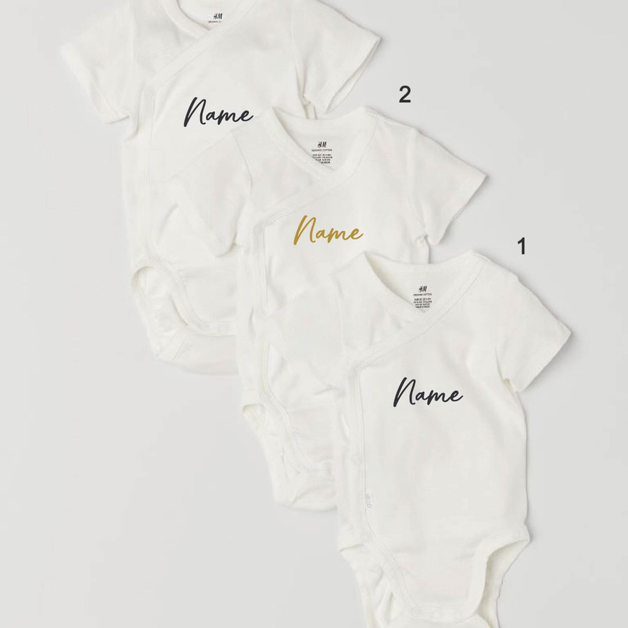 Custom Name on H&amp;M 3-pack wrapover bodysuits - White